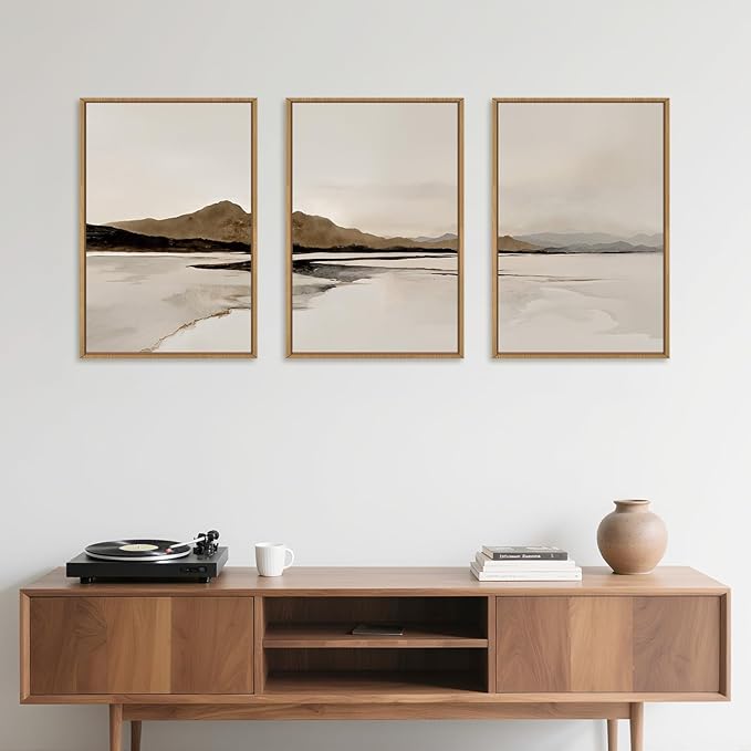 Ausril Beige and Brown Foggy Framed Canvas Wall Art Set, Modern Misty Landscape Wall Decor, Abstract Mountain Lake Wall Painting, Minimalist Nature Art Prints for Living Room, Bedroom - 16"X24"X3