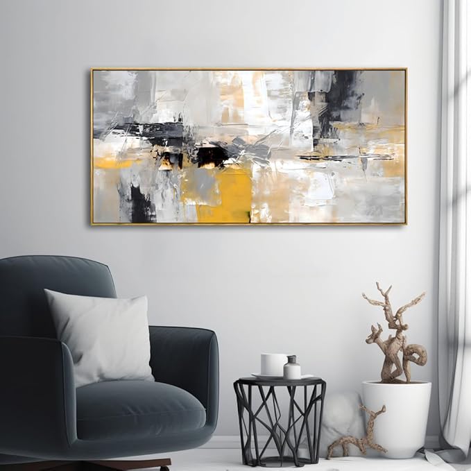 Wall Art Yellow Black White and Grey Modern Artwork for Living Room Bedroom Dining Room Home Office Decor 30"x60" with Framed