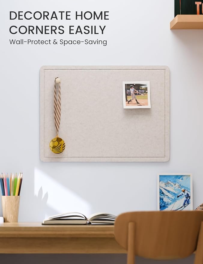 Fluxynara Bulletin Board, 23.6" x 17.5" Cork Board Alternative with 12 Safe Removable Adhesive Tabs, Foldable Felt Pin Board for Home Office, Classroom, Bedroom,Entryway for Walls— Oatmeal