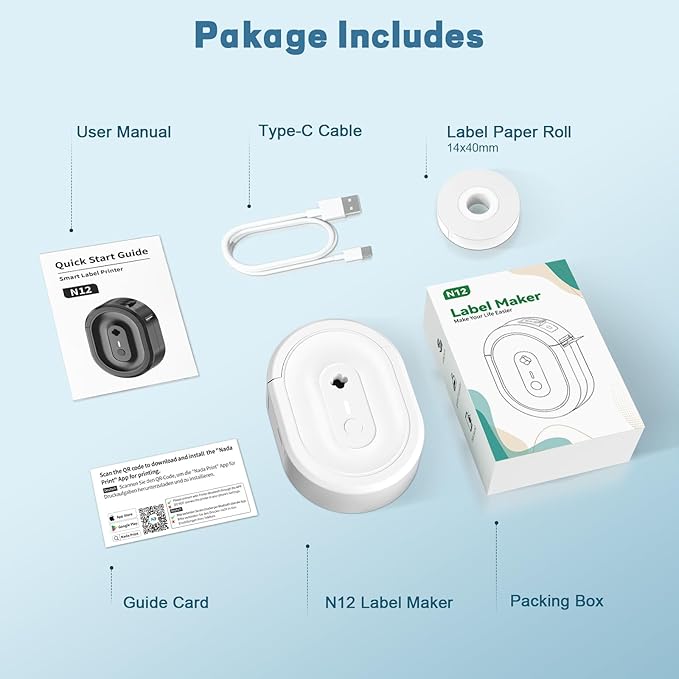 Label Maker Machine with Tape, Small Portable Bluetooth Label Printer, Handheld Mini Labeler for Home, Kitchen, Office, Waterproof Label Makers for Labeling, Gift, Kids School Items, White