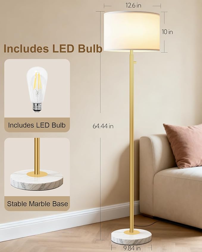 Floor Lamps for Living Room–LED Bulb Included,Dimmable Floor Lamp with Linen Shade,Modern Standing Lamp with Marble Base,Tall Floor Lamp for Bedroom,Nursery,Reading & Office,Gold