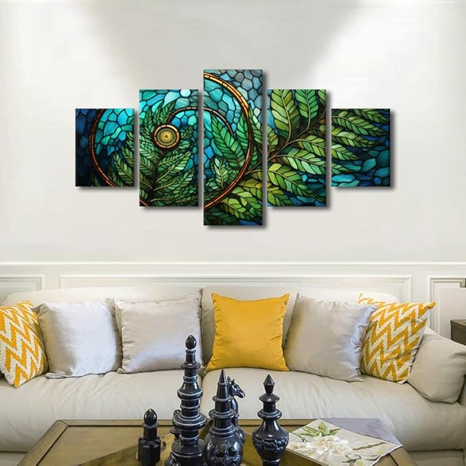 Canvas Wall Art for Men Modern Stained Glass Style Pattern Printing Spiral Green Leaf Canvas Art 5 Panel Poster Print Art for Bedroom Office Wall Decor Stretched and Framed Ready to Hang 60x32 in