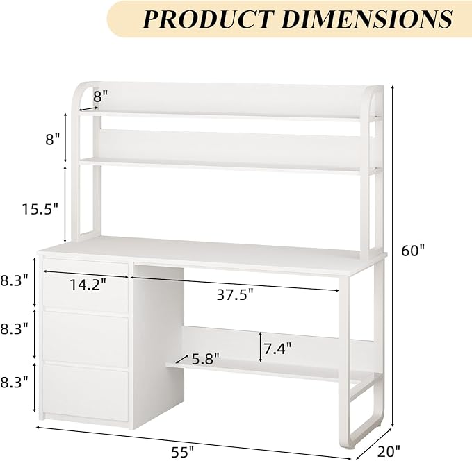 White Desk with Hutch, 55 Inch Computer Desk with 3 Drawers for Bedroom, Study Writing Desk with Shelves for Small Spaces, Adjustable Feet
