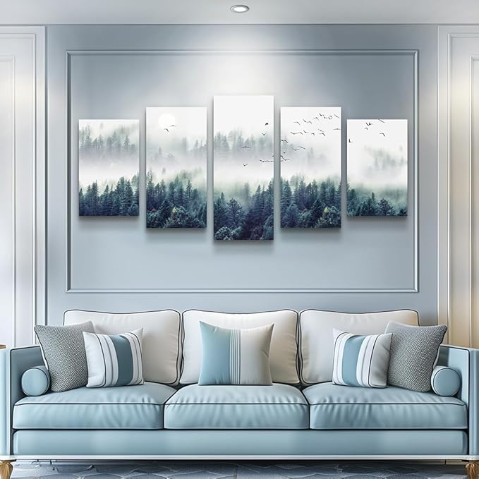 Canvas Wall Art For Living Room Wall Decorations For Bedroom Modern Office Wall Decor Foggy Forest Trees Landscape Paintings Stretched And Framed Ready To Pictures Home Decor 5 Piece Set W60”x H30”