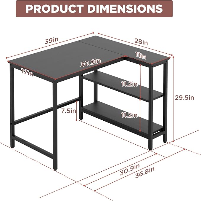 FDW L-Shaped Gaming Desk 39 Inch Computer Desk Corner Desks with Reversible Side Storage Shelves Study Desk Metal Frame PC Work Table for Home Office Dorm Sturdy Writing Workstation, Black