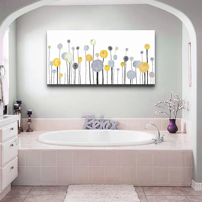 MHARTK66 Abstract Canvas Wall Art Dandelion Modern Minimalist Wall Decor – Neutral Yellow Gray Watercolor Paintings Stretched Ready to Hang Pictures for Living Room Bedroom Bathroom Home Office 30x60