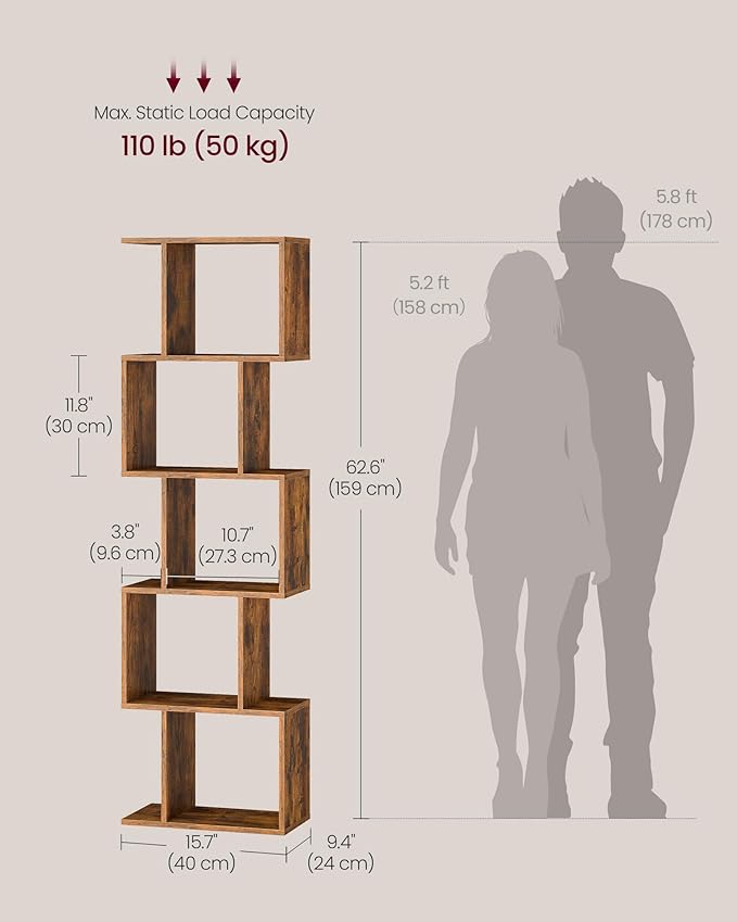VASAGLE Bookshelf, 5-Tier Bookcase, 9.4 x 15.7 x 62.6 Inches, Storage Shelf with Open Compartments, Modern Style, for Living Room, Bedroom, Office, Rustic Brown ULBC462K01