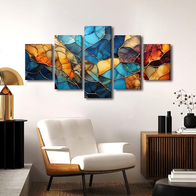 Canvas Wall Art Decor Modern Living Room Wall Art Abstract Autumn and Winter Painting Art 5 Panel Colorful Glass Poster for Men Lady Living Room Home Wall Decor Stretched Ready to Hang 60x32 in
