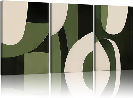 NCCXNCC 3-Pcs Abstract Geometric Canvas Wall Art in Green and Beige Line Artwork Paintings Minimalist Posters Print Medieval Modern Pictures Living Room Bedroom Office Wall Decoration 16x24 inch