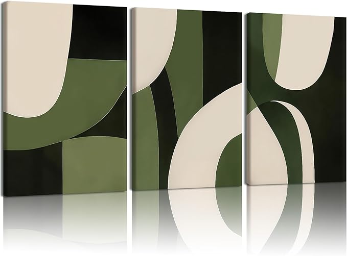 NCCXNCC 3-Pcs Abstract Geometric Canvas Wall Art in Green and Beige Line Artwork Paintings Minimalist Posters Print Medieval Modern Pictures Living Room Bedroom Office Wall Decoration 12x16 inch