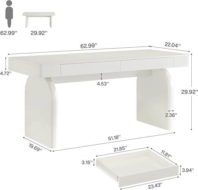 Tribesigns White Desk with Drawers, 63-Inch Modern Executive Office Desk, Glossy Elegant Work Study Desk Writing Table for Home Office, Cream White