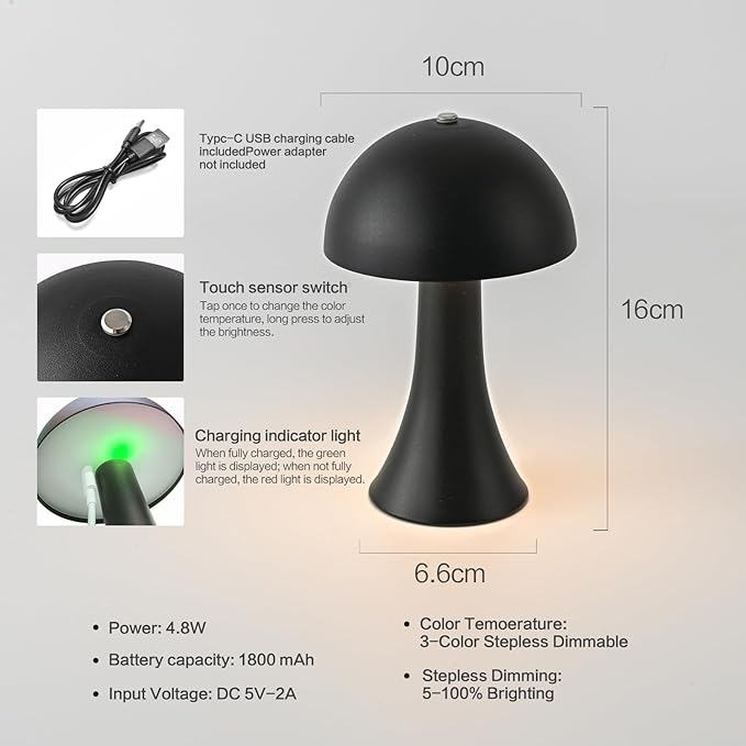 2 Pack Cordless Black Table Lamp, Portable LED Desk Lamps, 1800mAh Battery Operated, 3 Color Stepless Dimming Up, for Restaurant, Bedroom, Outdoor Camping, Coffee Shop, Night Light, Rechargeable