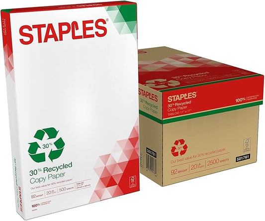 Staples 30% Recycled 11-Inch x 17-Inch Copy Paper 20 lbs 92 Brightness 500/Ream 5 Ream/Count