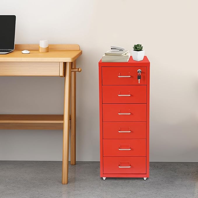 6-Drawer Metal File Cabinet, Mobile File Cabinet with Lock, Rolling Vertical Filing Drawers Under Desk for Home Office, 11 * 16 * 27in (Red)