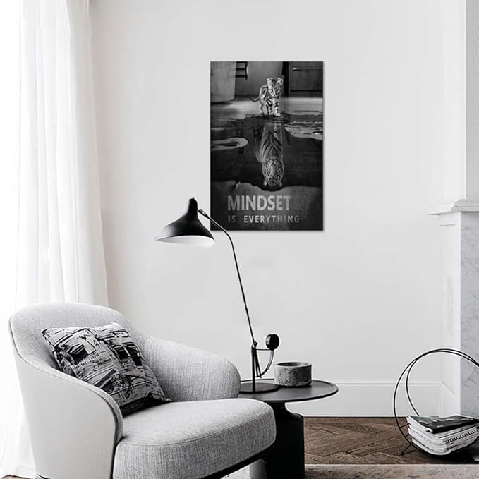Inspirational Wall Art Posters Mindset is Everything Canvas Painting Small Cat Big Tiger Pictures Print Poster Artwork Wooden Home Decor for Living Room Bedroom Office Framed Ready to Hang - 24x36 in