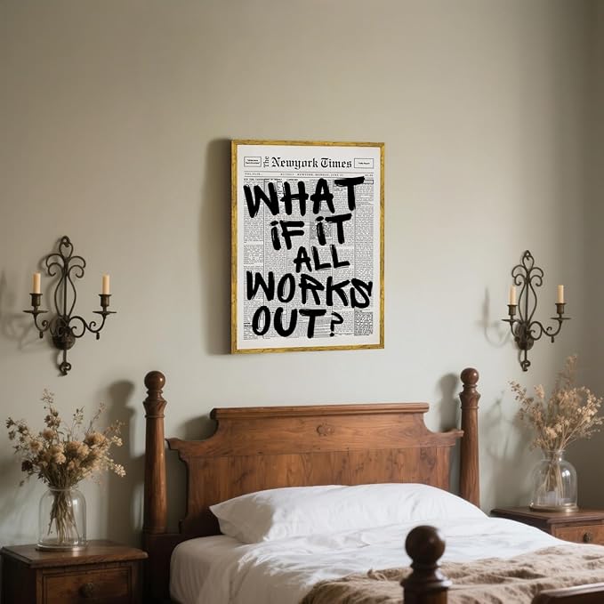 What If It All Works Out Wall Art Retro Black and White Newspaper Motivational Poster Positive Affirming Quote Minimalist Canvas Print for Bedroom Living Room Home Decor 12x16inch Golden Framed