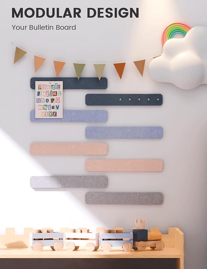 Cork Board Alternative Felt Strip Board 8-Pack 13"x2", Office Pin Board with 50 Push Pins, Adhesive Install for Bedroom Door & Home Office(Heather Grey)
