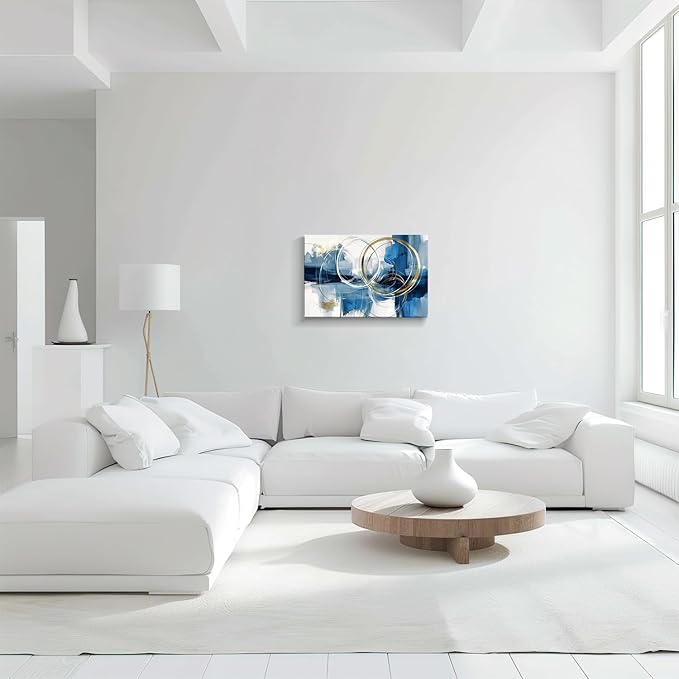 gaosoul Minimalist Abstract Canvas Wall Art Blue and Gold Doodles on White Background Painting Prints Stylish Framed Artwork for Living Room Bedroom Office Decor 24x16in