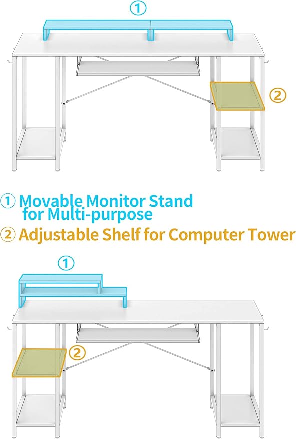 Workstation Desk with Keyboard Tray, 55 Inch Computer Desk with Storage Shelves Monitor Stands and 4 Iron Hooks, Industrial Desk for Home Office
