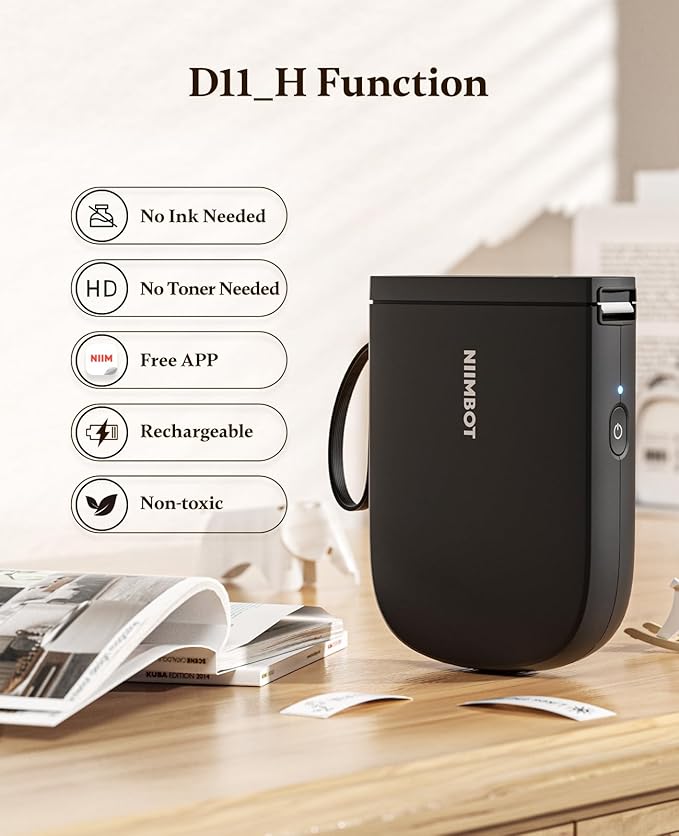 NIIMBOT 300 DPI D11 Label Maker Machine with 1 Tape, Mini Portable Label Printer, Bluetooth Thermal Label Printer Sticker Labeler for Office Home Kitchen School Organization, Black