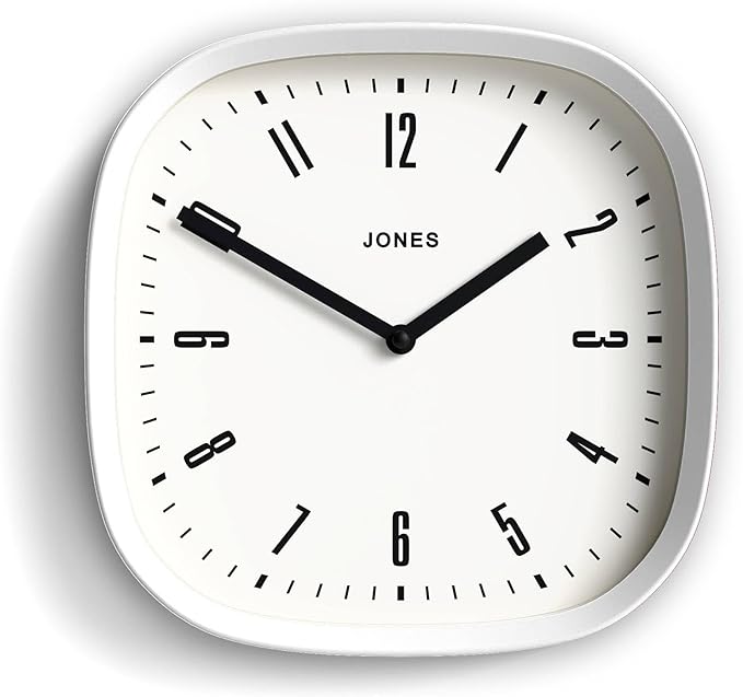 JONES CLOCKS® Marvel Wall Clock | Modern Retro Rounded Square Clock | 10 inch | White | Cool Designer Look for Kitchen, Living Room or Office