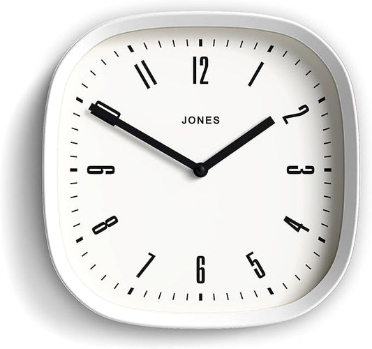 JONES CLOCKS® Marvel Wall Clock | Modern Retro Rounded Square Clock | 10 inch | White | Cool Designer Look for Kitchen, Living Room or Office