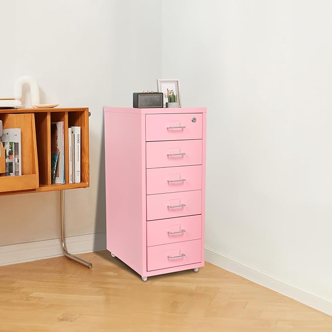 6-Drawer Metal File Cabinet, Metal Filing Storage Vertical Cabinets with Lock Home Office Filing Cabinets for Organization Hanging Letter/Legal/F4/A4 (Pink)