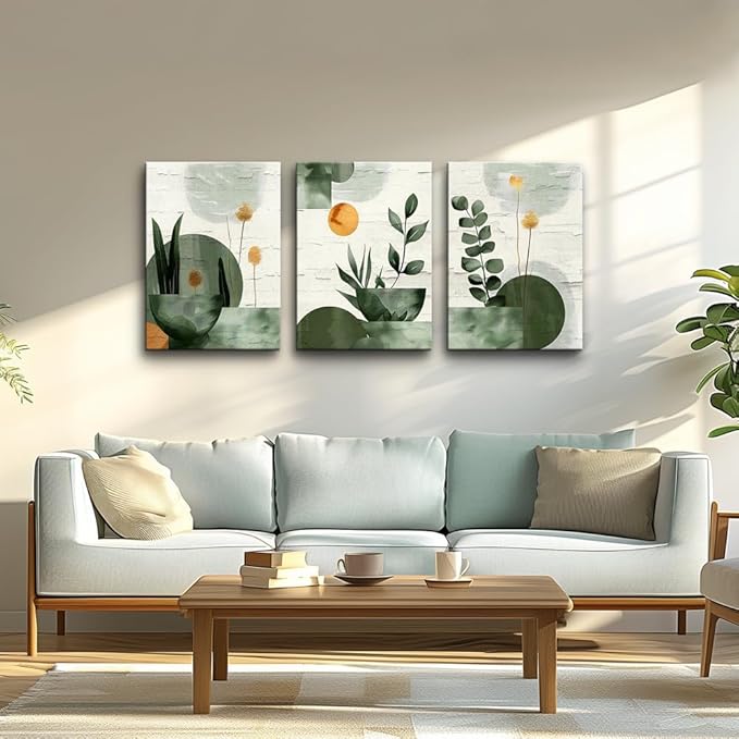 TTHYUEWS Large Wall Decor For Living Room Bedroom Wall Art Decor Boho Canvas Wall Art Prints Geometry Plant Pictures Abstract Paintings Office Artwork Modern Home Decoration 3 Piece Ready To Hang