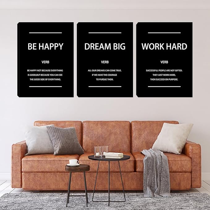 Unbruvo Motivational Office Wall Art, 3 Pieces Inspirational Canvas Wall Art, Dream Big Be Happy Work Hard Prints Poster Wall Decor for Living Room BedRoom Dorm(72" Wx36 H)