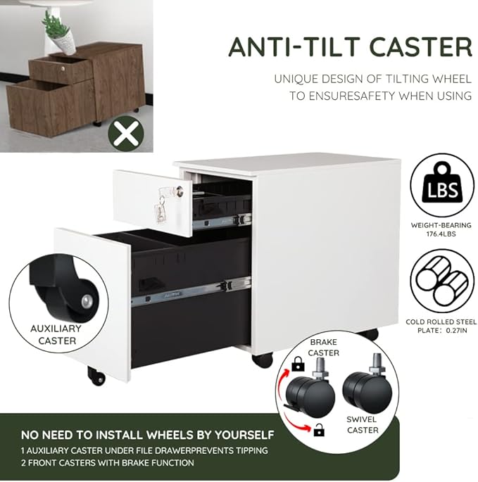 2 Drawer Mobile File Cabinet for Storage Under Desk in Home Office, Mobile File Cabinet, Metal File Cabinet with Lock, Legal/Letter /A4/F4 Size, Fully Assembled, Including Wheels, White