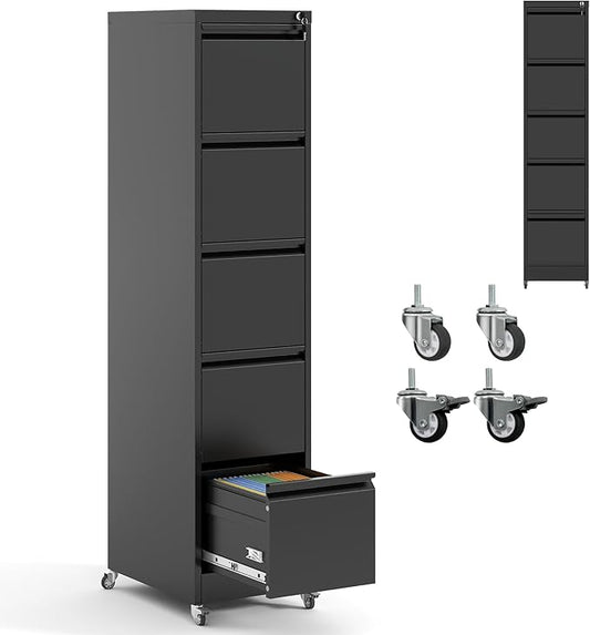 5 Drawer Locking File Cabinet with Wheels,Metal Mobile Filing Cabinets,Black Rolling File Cabinet for Home Office,Heavy Duty Storage Cabinet for A4/Letter/Legal Size File,Assembly Required