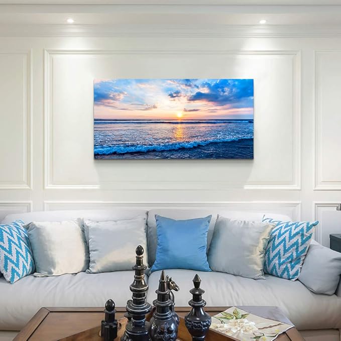 Lapremoly Canvas Wall Art - Large Living Room & Office Decor - Blue Ocean Waves Landscape - Ready To Hang