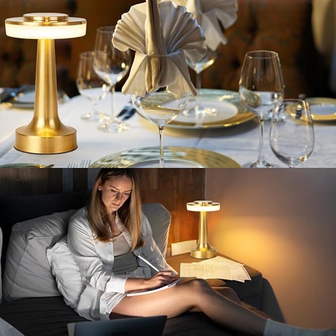 Cordless Metal Desk Lamp, Touch Sensor Control LED Table lamp,3 Color Stepless Dimmable Battery Powered Lamp for Living Room, Dorm, Home Office(Light Gold)