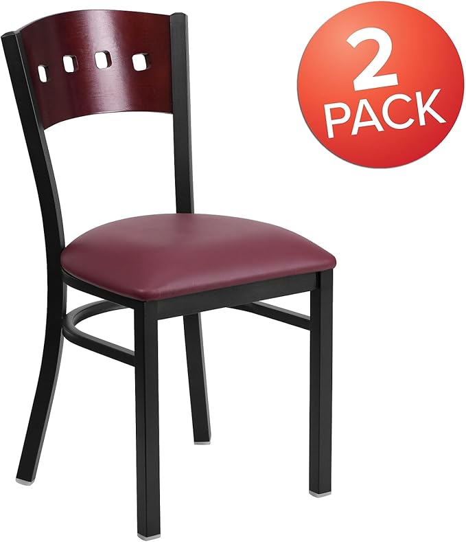 Flash Furniture 2 Pk. HERCULES Series Black 4 Square Back Metal Restaurant Chair - Mahogany Wood Back, Burgundy Vinyl Seat