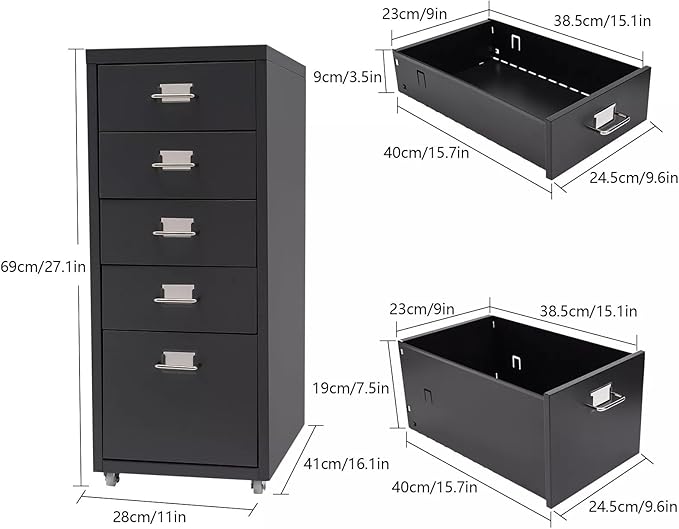 5-Drawers Metal File Cabinet, Freestanding Office Vertical File Cabinets, Storage Cabinet with Buckles and Handles, Mutifuctional Tool Cabinets for Kitchen, Bedroom, Living Room (Black)