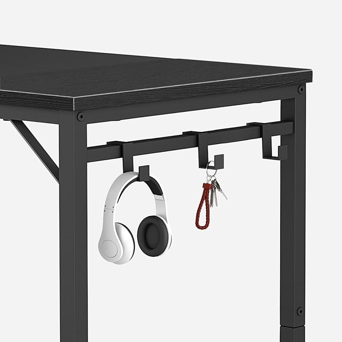 HOOBRO Computer Desk, Home Office Desk with Power Outlet, Modern Study Writing Desk with 3 Hooks for Study Room, Home Office, Sturdy and Stable, Easy to Assemble, Black BB40UDN01