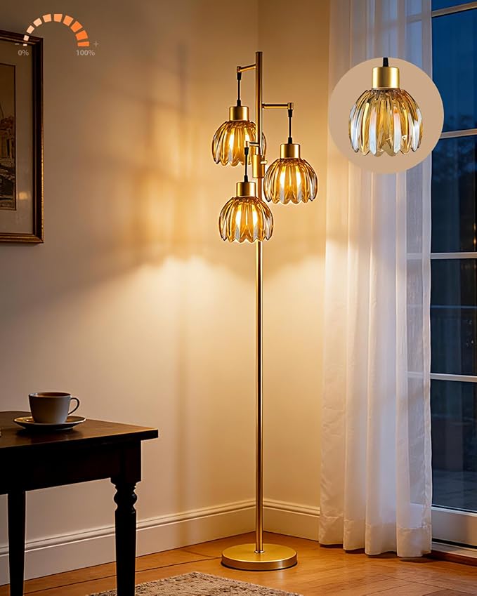 Lightdot 65'' Glass Floor Lamp Dimmable Gold Floor Lamps with Brown Lotus Glass Shade& 3000K Bulbs Included 3-Lights Modern Tall Standing Lamp for Living Room/Bedroom/Sofa Beside/Corner Decor