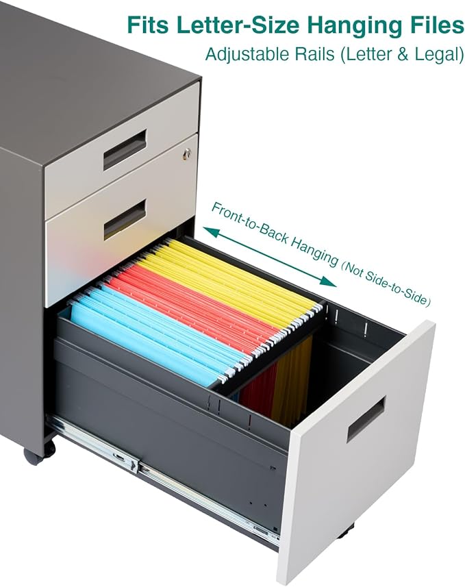 3 Drawer File Cabinet with Lock - Under Desk Metal Filing Cabinet, Legal/Letter File Folders, Wheels, Fully Assembled, White/Gray