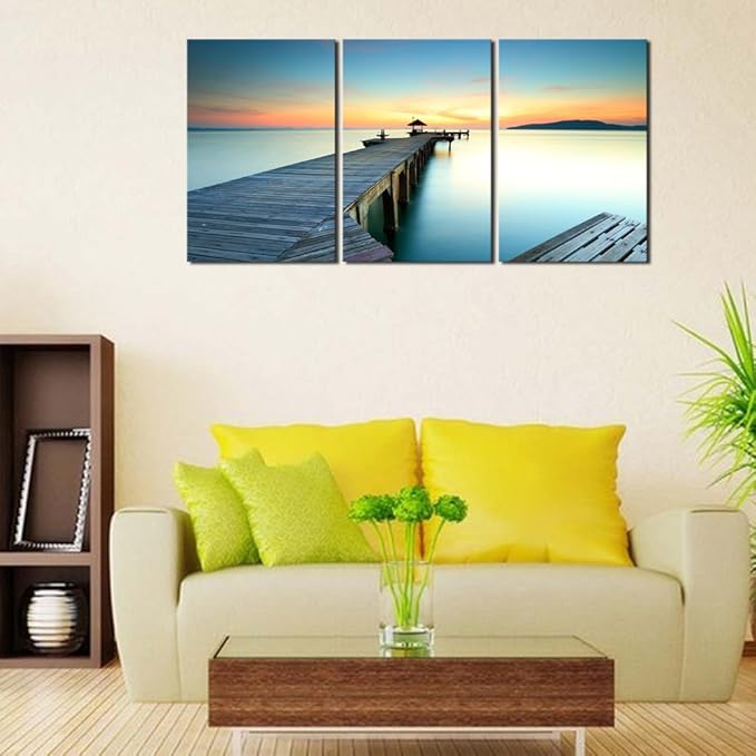 Wieco Art Bridges over the Sea Large Canvas Prints Wall Art Seascape Pictures Paintings for Bathroom Living Room Home Decorations 3 Panels Modern Gallery Wrapped Ocean Sea Beach Giclee Artwork L
