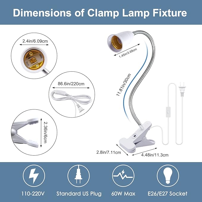 Flexible Aluminum Neck Clip Lamp Holder, 360Adjustable Socket, E26/E27 Clamp Light Fixture with 220 CM Switch and Plug Cable, Desk Lamp Holder for Study Work Read, No Bulb