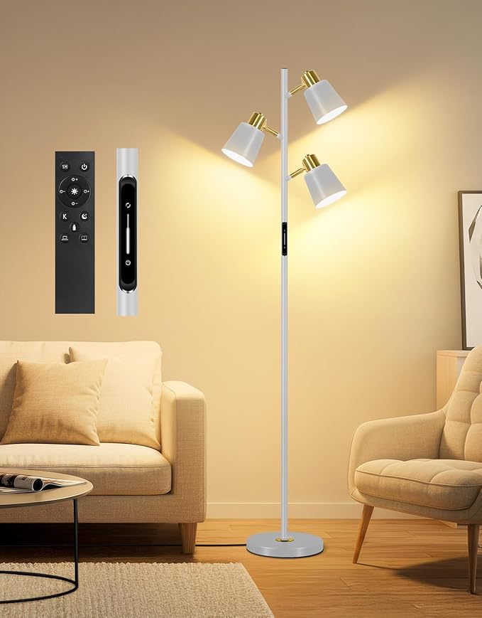 OUTON Tree Floor Lamp, LED Dimmable Floor Lamp with Remote and Touch Slide Control, 4 Color Temperatures, 3 Rotatable Lights, Modern Standing Lamp for Living Room Bedroom Office, Grey & Gold