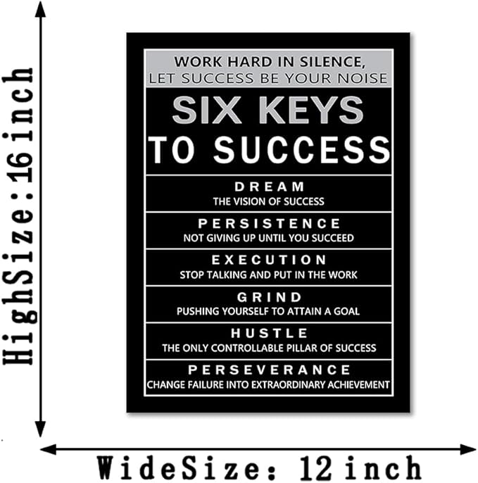 Six Keys to Success Canvas Wall Art, Motivational Wall Decor with Work Hard in Silence Quote, Inspirational Black & White Canvas Print for Home Office, Framed 12x16 inch