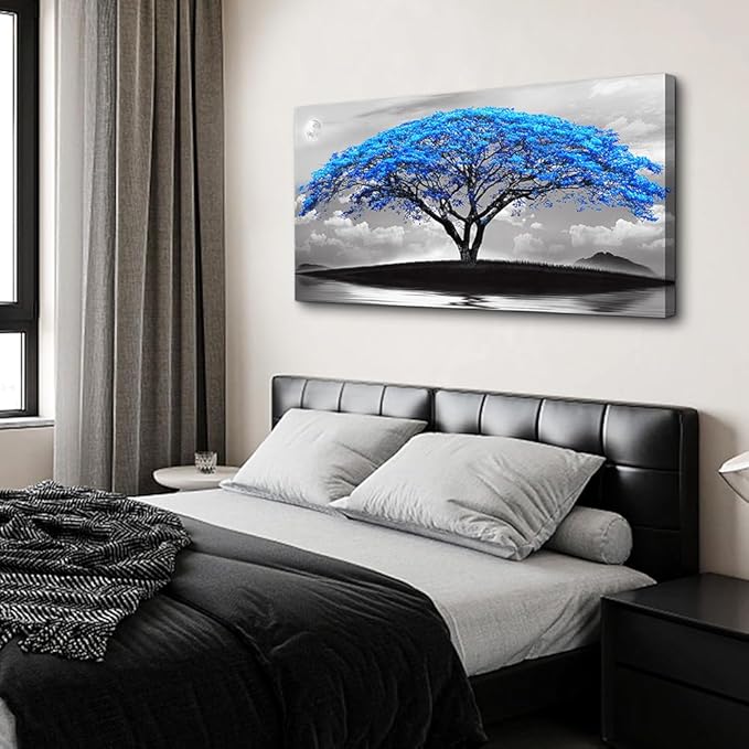 Wapluam Black And White Pictures Large Canvas Prints Wall Art For Living Room Bedroom Wall Decor Blue Tree Landscape Painting To Hang Modern Home Decorations For Office Stretched And Framed Works