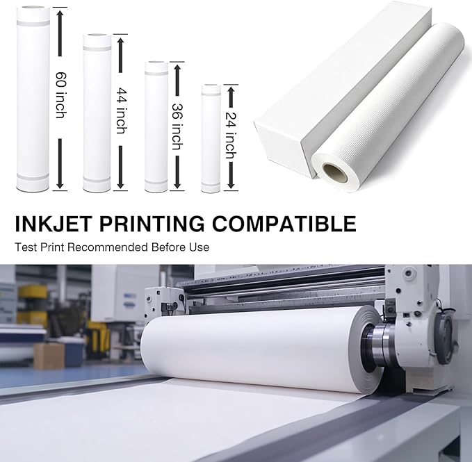 Premium Polyester Matte Canvas Roll, Waterproof Wide Format Inkjet Printer, Quick Dry, Compatible with Epson Canon HP Plotter, Photography, Archival Prints (24" x 100' 200GSM, 6 Roll)