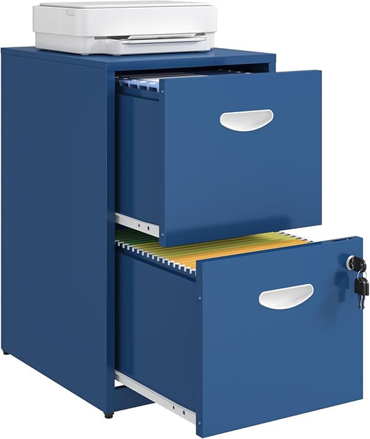 2 Drawer File Cabinet with Lock, Metal File Cabinet for Home Office, Under Desk Storage, Printer Stand, for Letters and File Boxes, Assembly Required, Blue