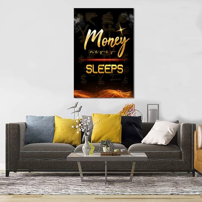 Large Size Money Never Sleeps Motivational Framed Wall Art Canvas Paintings Black and White Golden Artwork Stretched and Framed Easy to Hang-28x44 inch