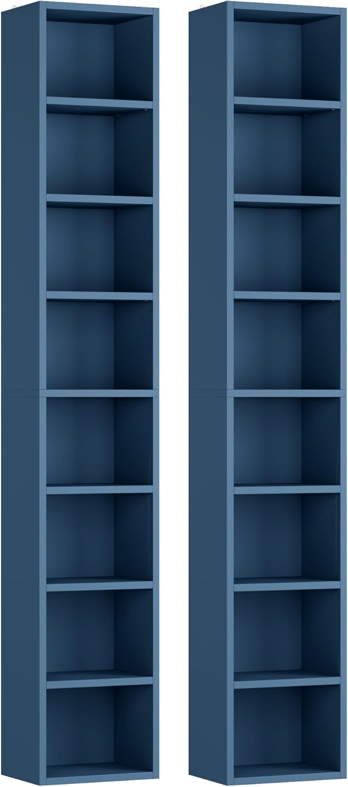 FOTOSOK 2 Pcs 71'' Tall Narrow Bookshelf, 8-Tier Media Tower Rack Set of 2, CD DVD Storage Cabinet with Adjustable Shelves, Tall Narrow Bookcase Skinny Display Bookshelf Slim Shelf, Blue
