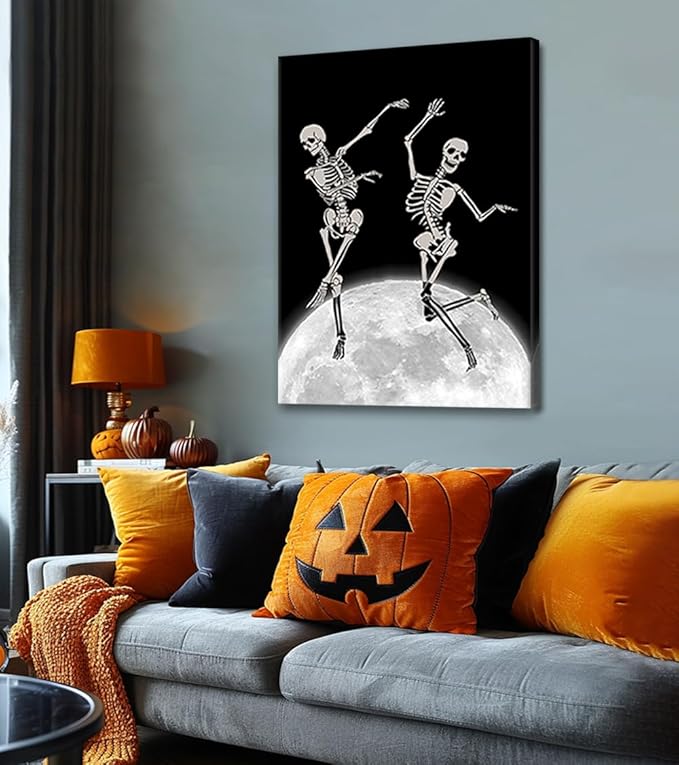 Skeleton Moon Dance Canvas Wall Art, Dark Gothic Home Decoration Funny Skull Dancing on Moon Print, Black & White Wall Decor for Living Room, Bedroom, Bathroom,Office, Framed 24x36 inch