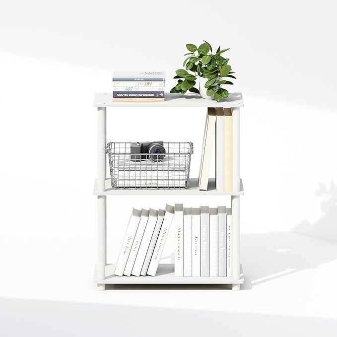 Furinno Turn-N-Tube Book Shelf, 3-Tier Bookshelf, Bookcase with Multipurpose Compact Display Rack, 11.6 x 23.6 x 29.6, for Living Room, Bedroom, Home Office, White/White