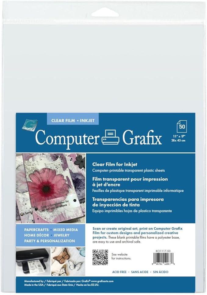 Grafix Computer Ink Jet Film - Printable Film for Creating Custom Overlays, Journals, Window Effects, Stickers, Photos, Jewelry and More, Ink Jet Printers Only, 11 x 17", Clear, 50 Pack